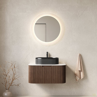 DINA 30" Bathroom Vanity With Sink, Modern Wall-Mounted Curved Edges Striped Bathroom Storage Cabinet With A Drawer Ceramic Vessel Basin, NO Faucet, Pre-Assembled