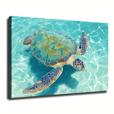 Tortue de mer colorée nageant dans l'eau turquoise de l'océan, grande reproduction d'art sur toile tendue pour salon, chambre à coucher