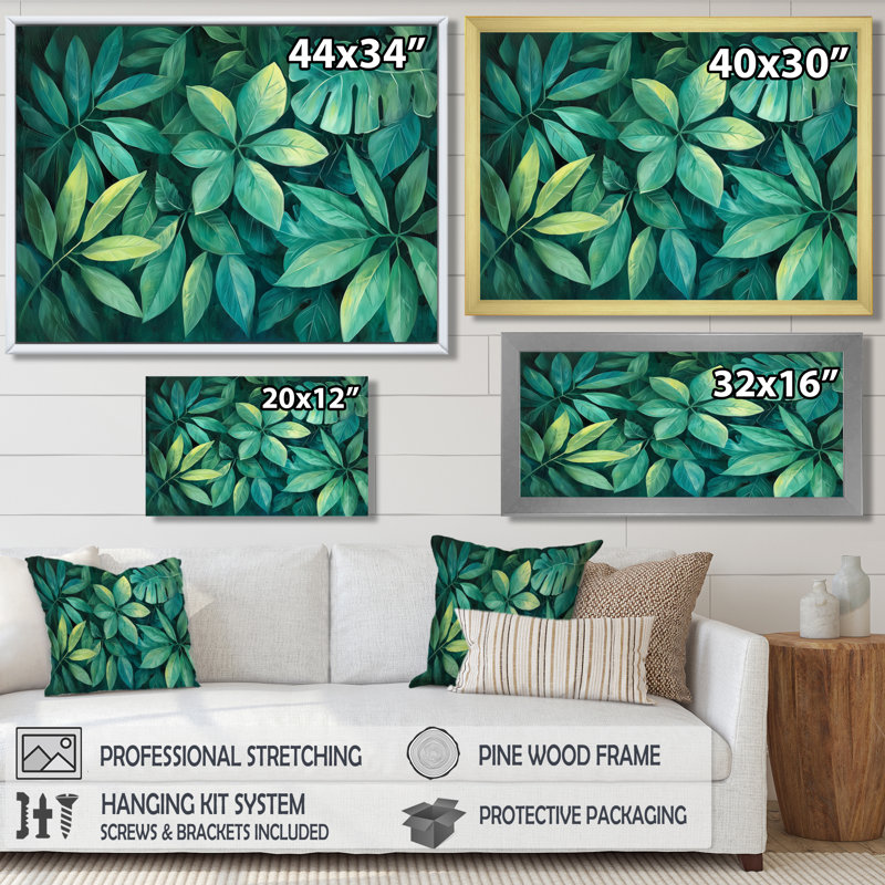 «Green Rainforest Canopy Leaves» - art mural feuilles larges, H 12 po x l 20 po, Reproduction d'une seule photo avec cadre