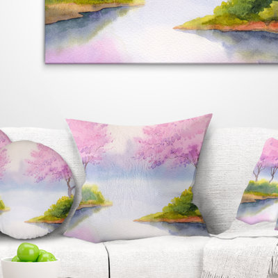 Flowering Trees Over River - Landscape Printed Throw Pillow