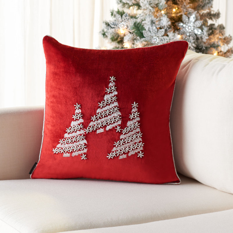 Red and Silver Polyester Christmas Tree Square Pillow Set