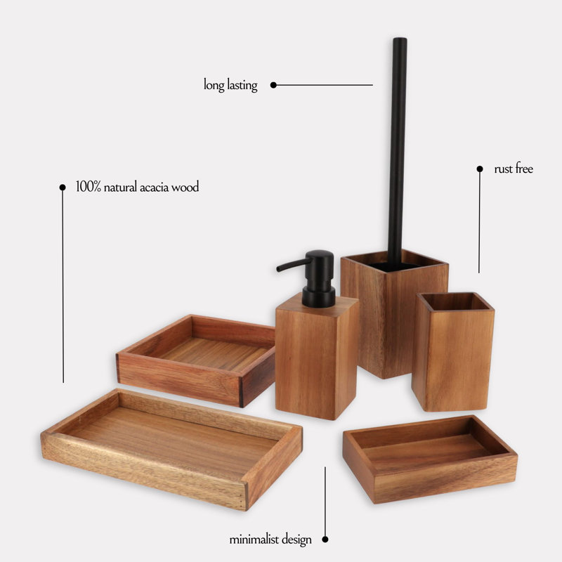 Acacia Wood and Black Metal 6-Piece Bathroom Accessory Set
