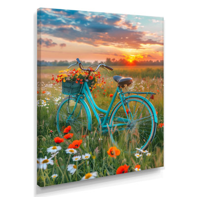 «Blue Beach Bike In Spring Flower Field Sunset», impression d'art mural vélo