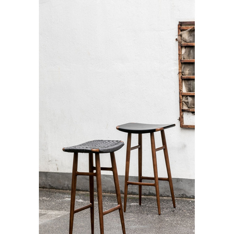 Freja Upholstered Stool with Solid Wood Frame, Saddle Leather Black, Natural Walnut