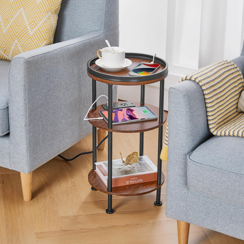 Round Accent Table - 3-Tier Charging Side Table with Power Outlets for Small Spaces, Dark Wooden