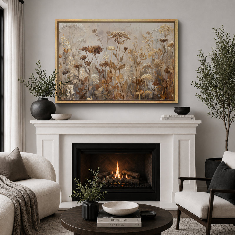 «Neutral Toned Dried Wildflowers Field», reproduction d'art sur toile encadrée, H 24 po x l 36 po x P 1,5 po