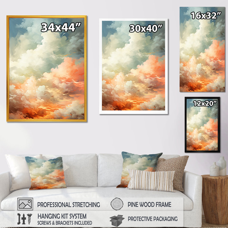 Coucher de soleil apaisant sur les nuages - art mural ciel, H 32 po x l 16 po x P 1 po, Cadre flottant doré