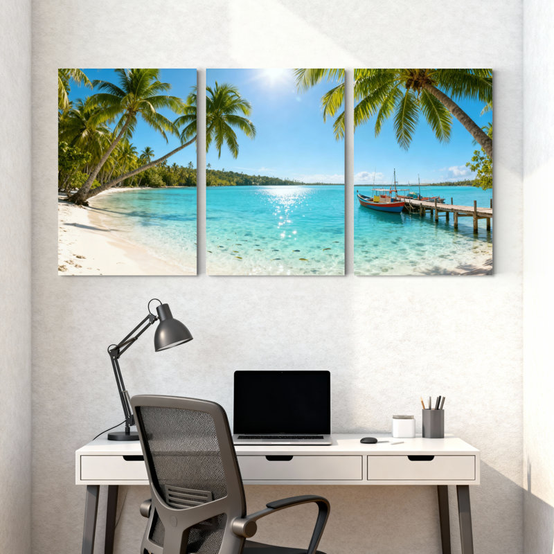 Scénario et paysages urbains, plage tropicale, palmiers, bateau à eau transparent, ensemble de 3 impressions sur toile