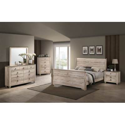 Imerland Contemporary White Wash Finish Bedroom Set With Queen Sleigh Bed, Dresser, Mirror, Nightstand, Chest -  Ophelia & Co., C3190267D87C4F30983E7E4E3A81AC32