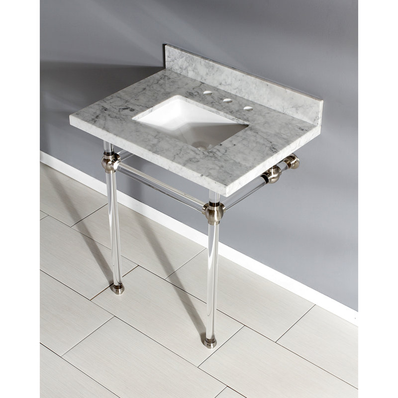 Kingston Brass Templeton 30-Inch Vanity Top with Clear Acrylic Legs (8-Inch, 3-Hole), Carrara Marble/Brushed Nickel