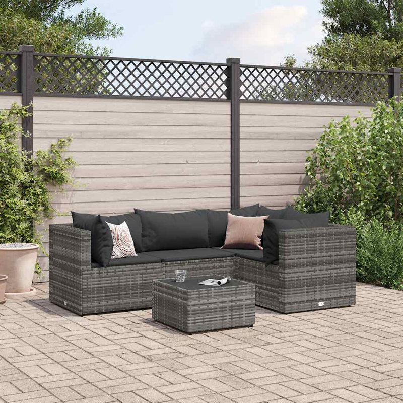 Ensemble de canapé de patio 5 pièces en rotin PE gris