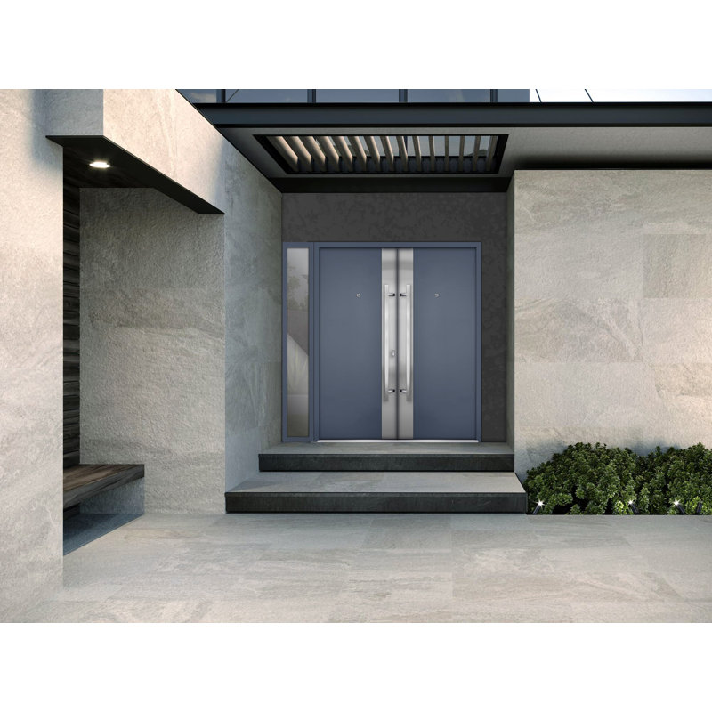 Porte d'entrée extérieure prémontée en métal, modèle Deux 0729, gris graphite, insert en acier inoxydable, imposte latérale, style moderne peint, 84 x 80 po (L 72 + 12 po x H 80 po), ouverture à gauche vers l'intérieur