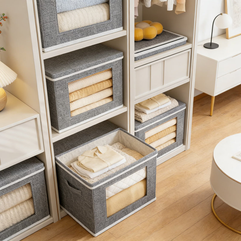 Bacs de rangement pliables en tissu avec couvercles et fenêtre transparente - grandes boîtes de rangement empilables avec poignées pour placard, tablette et rangement