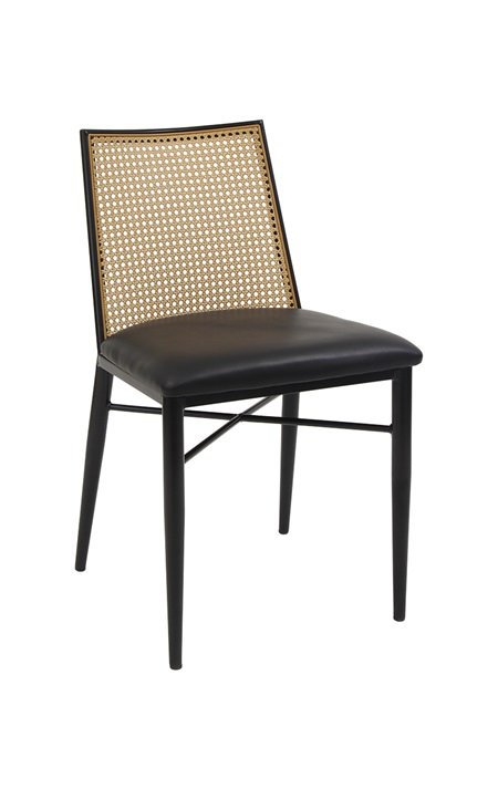 Chaise d'intérieur en métal avec siège en vinyle noir et dossier en faux rotin, 11 lb