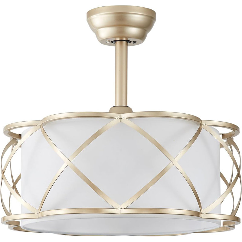 Gold Boho Chandelier Ceiling Fan With Light And Remote Control, 6-Speed Reversible Motor, Fabric Drum Shade For Bedroom, Living Room, Nursery - Mid-Century Modern Design