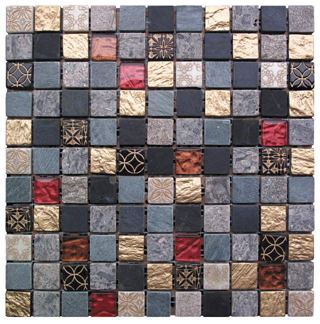 Carreau de mosaïque murale en pierre naturelle 1 "x 1" Natural Splendor, Rouge / gris / brun clair