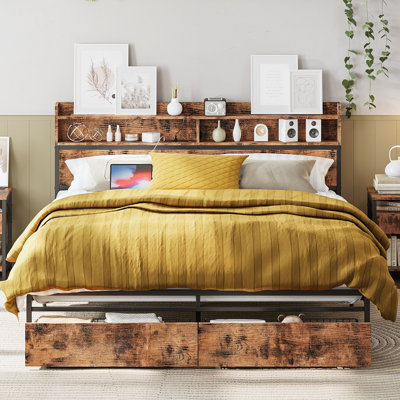 Cleisthenes Storage Bed Frame with Bookcase Headboard and Drawer