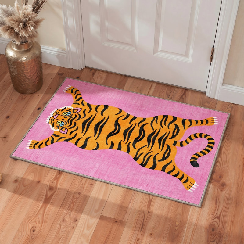 Tigris Animal Print Machine Washable Pink / Yellow / Black Indoor Area Rug with Non-Slip Backing, Rectangle 8' x 10'