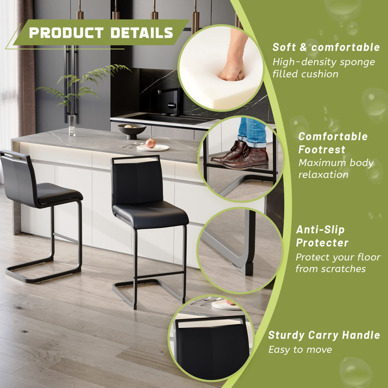 Black Faux Leather Counter Stools with Metal Frame, Set of 2