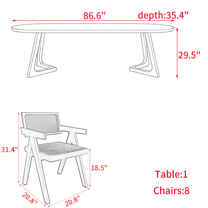 Modern simple solid wood dining table set., 29.5"H x 86.6"L x 35.4"W