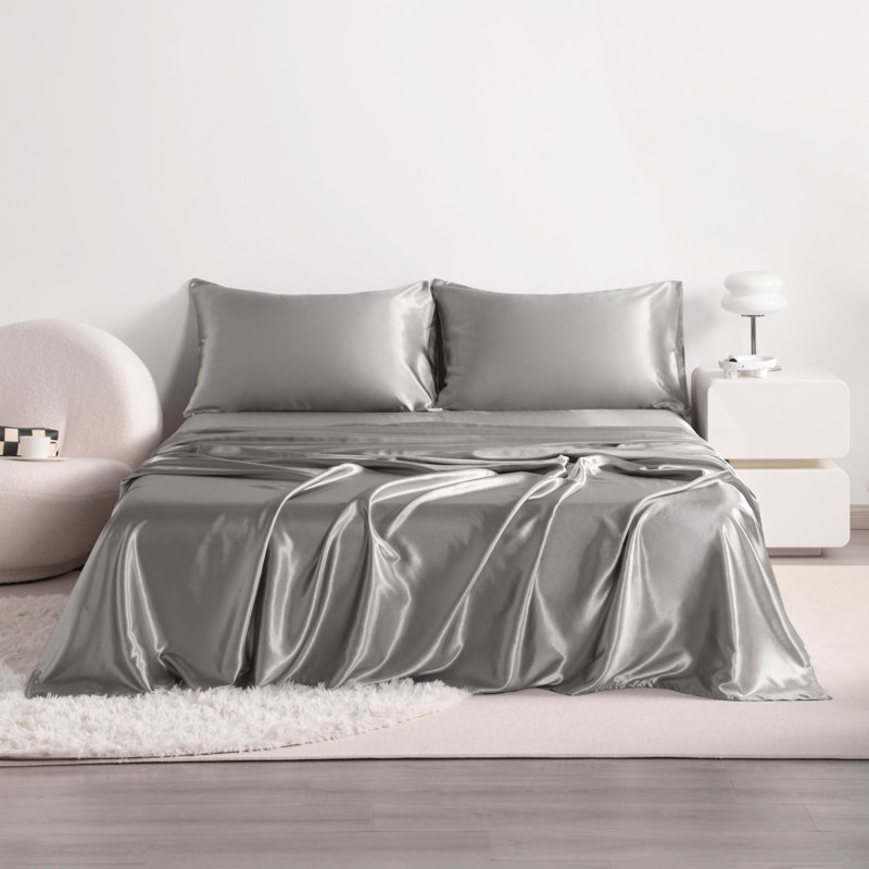Luxury 4-Piece Satin Sheet Set - Satin Bedding Set, Gray, King Bedspread + 4 Additional Pieces