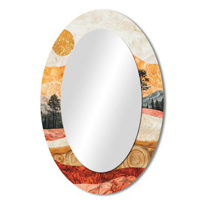 Pastel Cow Into The Golden Landscape I - Animals Oval Decorative Mirror On Metal