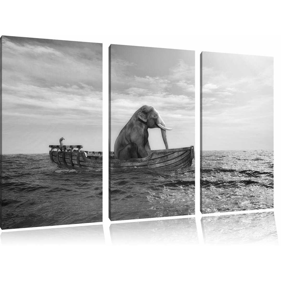 3-tlg. Leinwandbilder-Set „Lustig sitzender Elefant im Boot“, Fotodruck