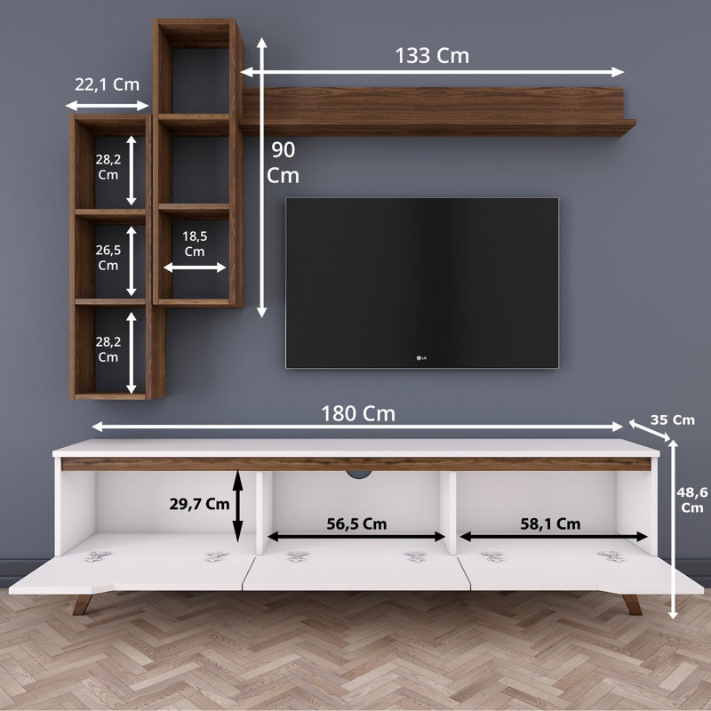 Meuble télé moderne avec tablettes murales, finition blanche et noyer, 70,9 x 19,1 x 13,8 pouces | 100% panneau de particules enduit de mélamine, épaisseur: 0,7 pouce | Comprend 4 tablettes pour un rangement supplémentaire, conception murale, parfaite pour la décoration scandinave