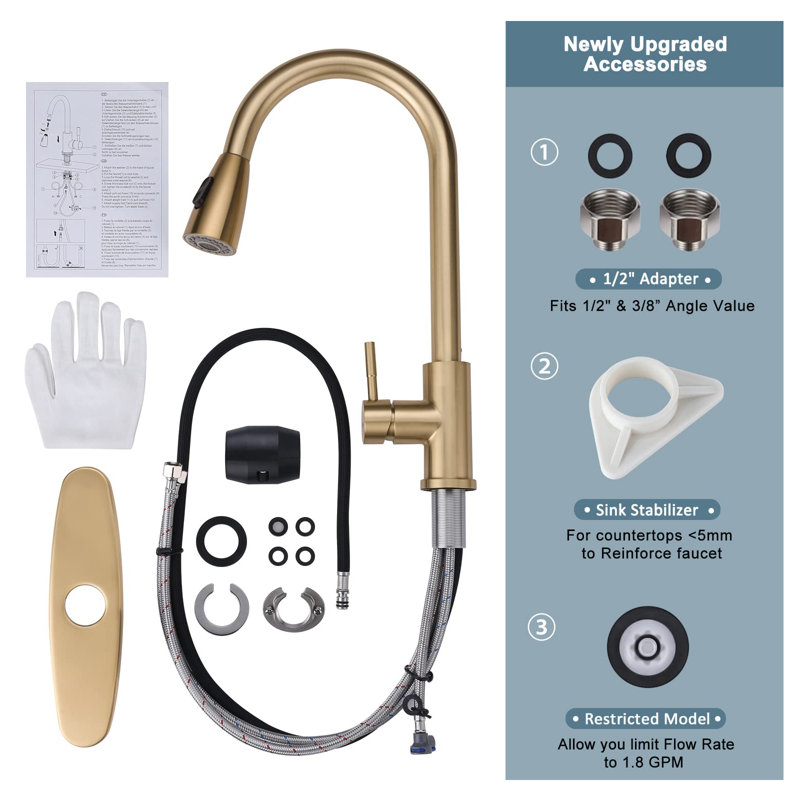 Kitchen Faucet With Sprayer, Stainless Steel High Arc Single Handle Sink Faucet, Suitable For 1 Hole Or 3 Holes., Gold