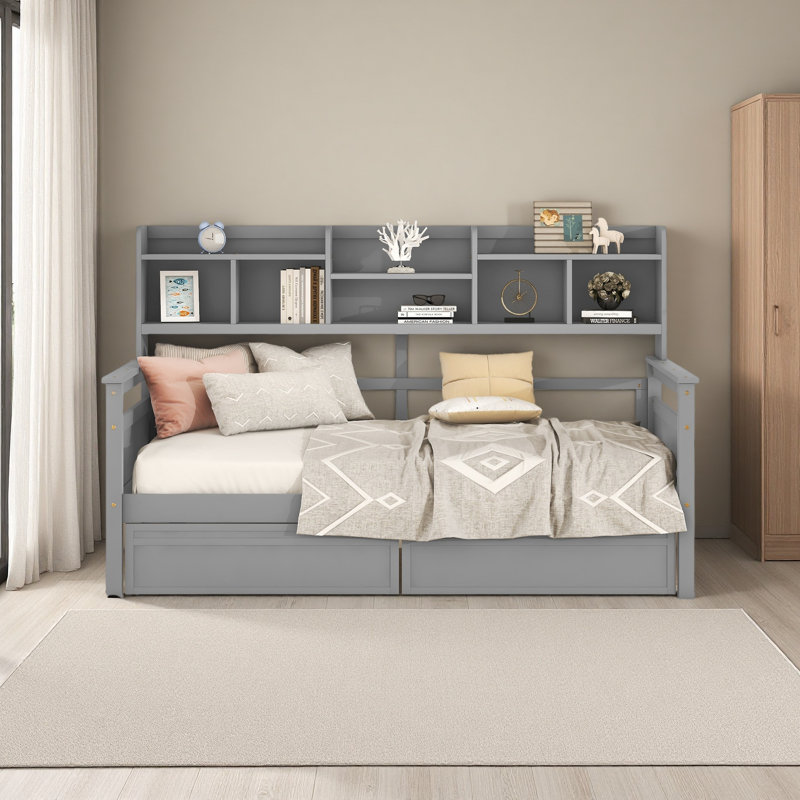 Lit de jour simple, support en lattes de bois, avec tablettes de chevet et deux tiroirs, Gris