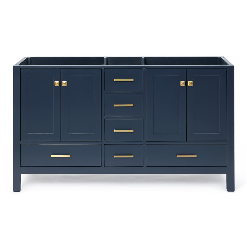 Cambridge 60'' W Double Bathroom Vanity Base, Midnight Blue, Satin Brass