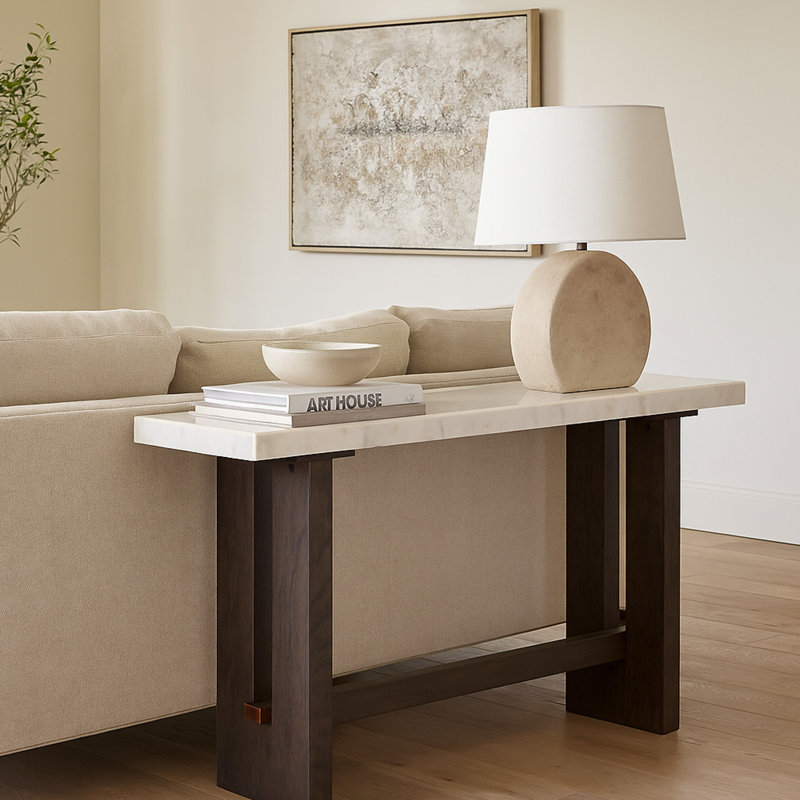 Console Haus, plateau en marbre, pieds en panneau, bois brun 52 po Haus