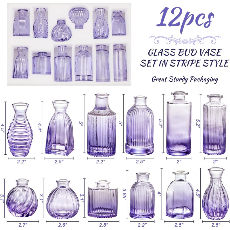 Ensemble de 12 vases à bourgeons en verre, petits vases mauves en verre pour fleurs