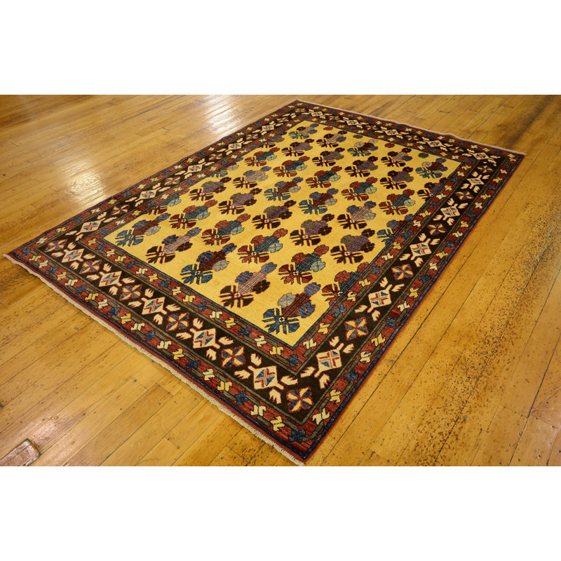 Tapis en laine jaune/rouge 5 pi 10 po x 7 pi en laine one-of-kind main-noué la new age Alayna