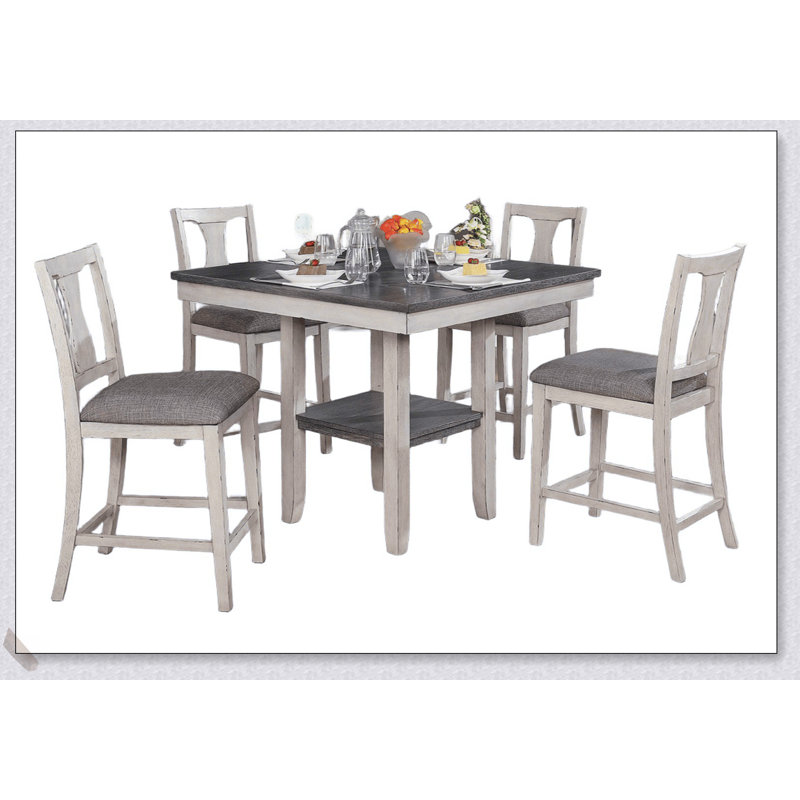 Ensemble de salle à manger rustique blanc antique 5 pièces avec table à hauteur de comptoir, tablette intégrée et chaises hautes uniques pour un repas élégant