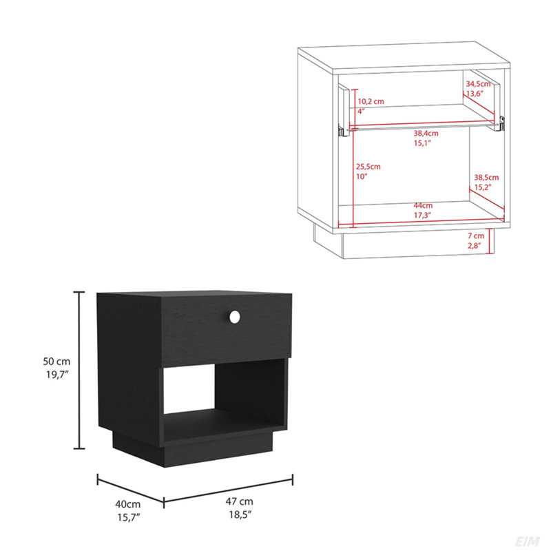 1 Drawer Nightstand, Open Lower Shelf, Secure Storage