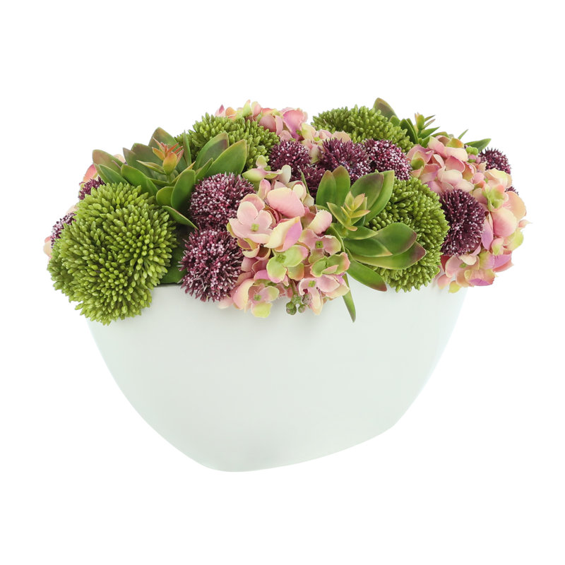 Hydrangea, Succulents and Pompom in White Planter
