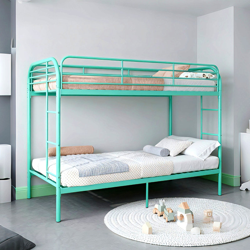 Lit superposé en métal simple au-dessus de simple, lits superposés robustes avec 2 échelles et garde-corps double, lit en fer pour l'école, chambre à coucher facile à assembler, Greem
