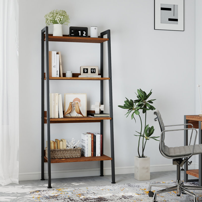Ladder Bookcase, 4 Tier 22" Wide Steel Storage Shelf with Anti-Tip Feature, Walnut