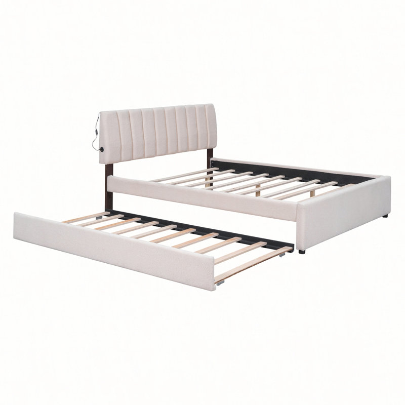 Lit plateforme tapissier Teddy avec lit gigogne simple, confortable et élégant pour les chambres modernes, Beige, Grand