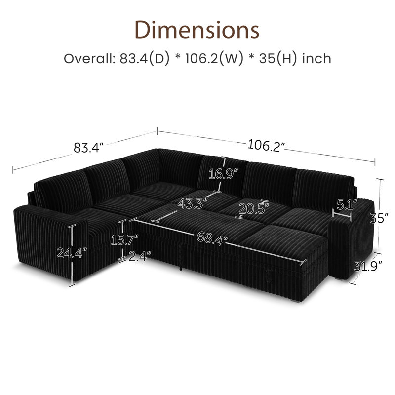 Hoelscher U Shaped Sleeper Corner Sectional Pull Out Sofa Bed With Storage Space, Black Corduroy