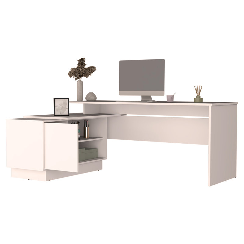 Bureau en L de 70 po de largeur avec une armoire et deux tablettes ouvertes Emery