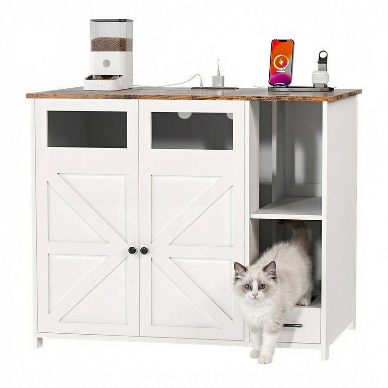 Très grand bac à litière pour chat caché avec multiprise intégrée, armoire à l'épreuve des chiens à entrée latérale pour litière-robot 3/4