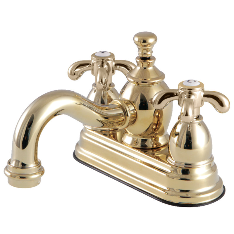 Kingston Brass French Country Two-Handle 3-Hole Deck Mount 4" Centerset Bathroom Faucet with Brass Pop-Up, Polished Brass
