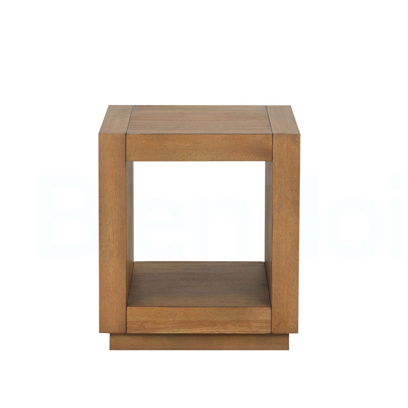 Table de bout carrée avec socle, tablette inférieure ouverte, salon moyen contemporain à finition chêne moyen, Chêne