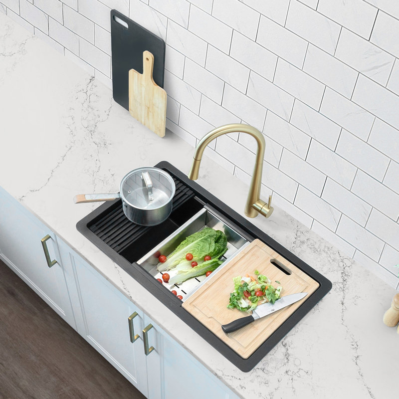 Évier de cuisine 32 po x 18 po en composite de granite, encastré à simple cuve noire ou encastré avec accessoires encastrés