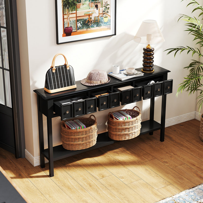  60'' Long Narrow Console Table w/4 Drawers & Open Storage Shelf Anti-Tip Kit Black, Black