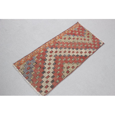 Handmade Wool Turkish Kilim in Vibrant Red with Geometric Design Ideal for Entryway and Small Areas