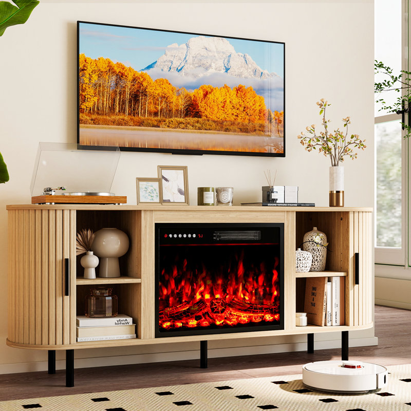 65" Modern Fireplace Tv Stand For Tvs Up To 75'', Fluted Entertainment Center With Electric Fireplace, Media Console Cabinet For Living Room