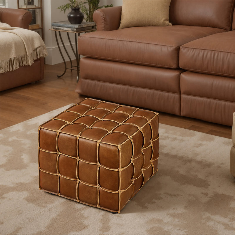 Genuine Leather Square Cube Ottoman Foot Stool, Brown